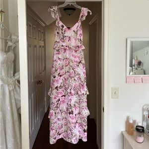 Express Floral Ruffle Maxi Dress in Pink and Cream